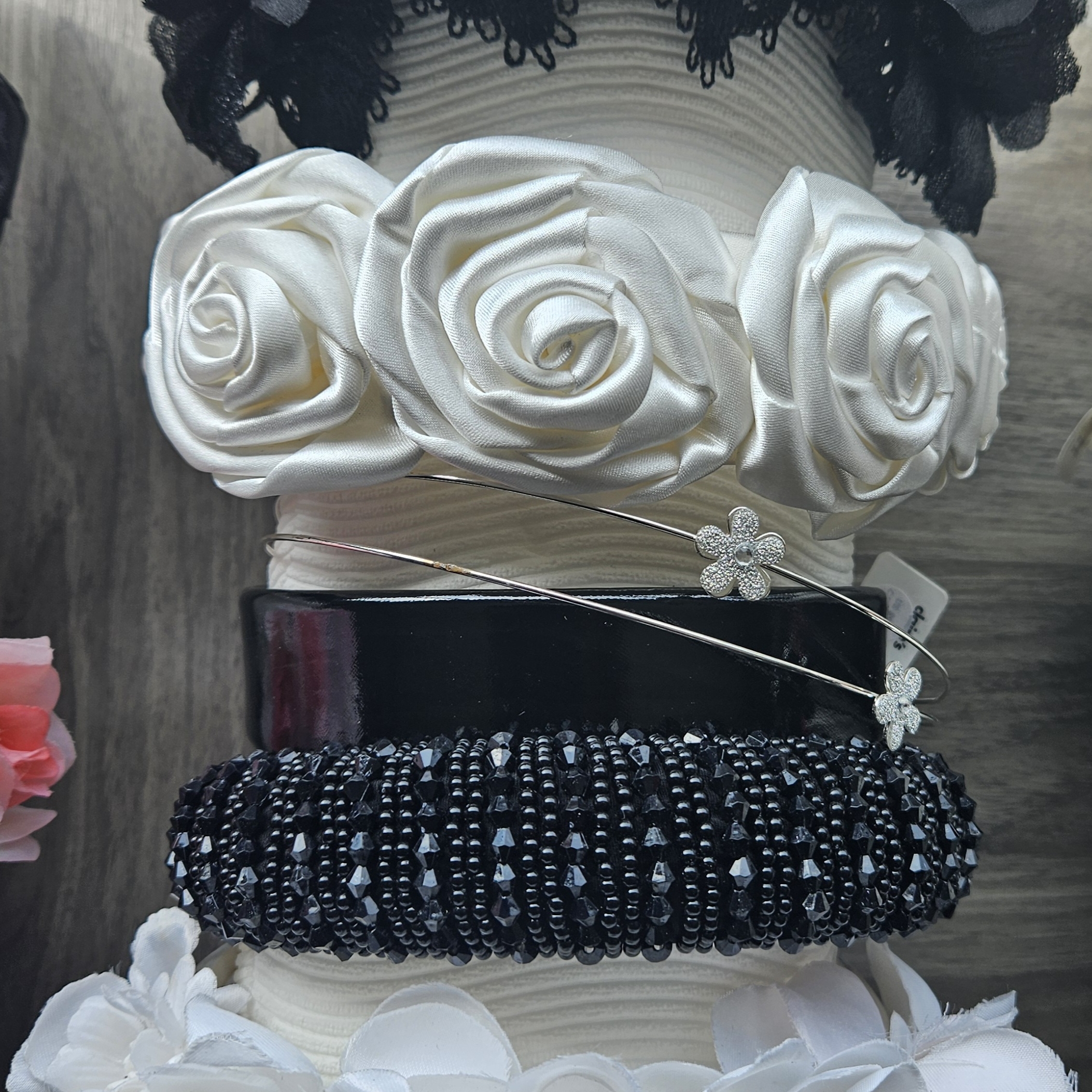 Elegant Black And White Floral Headband Set